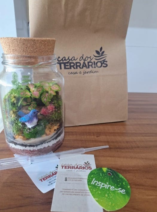 Terrário fechado da Casa dos Terrários com plantas e miniatura de pássaro azul, ao lado de sacola de papel kraft com o logo da marca.