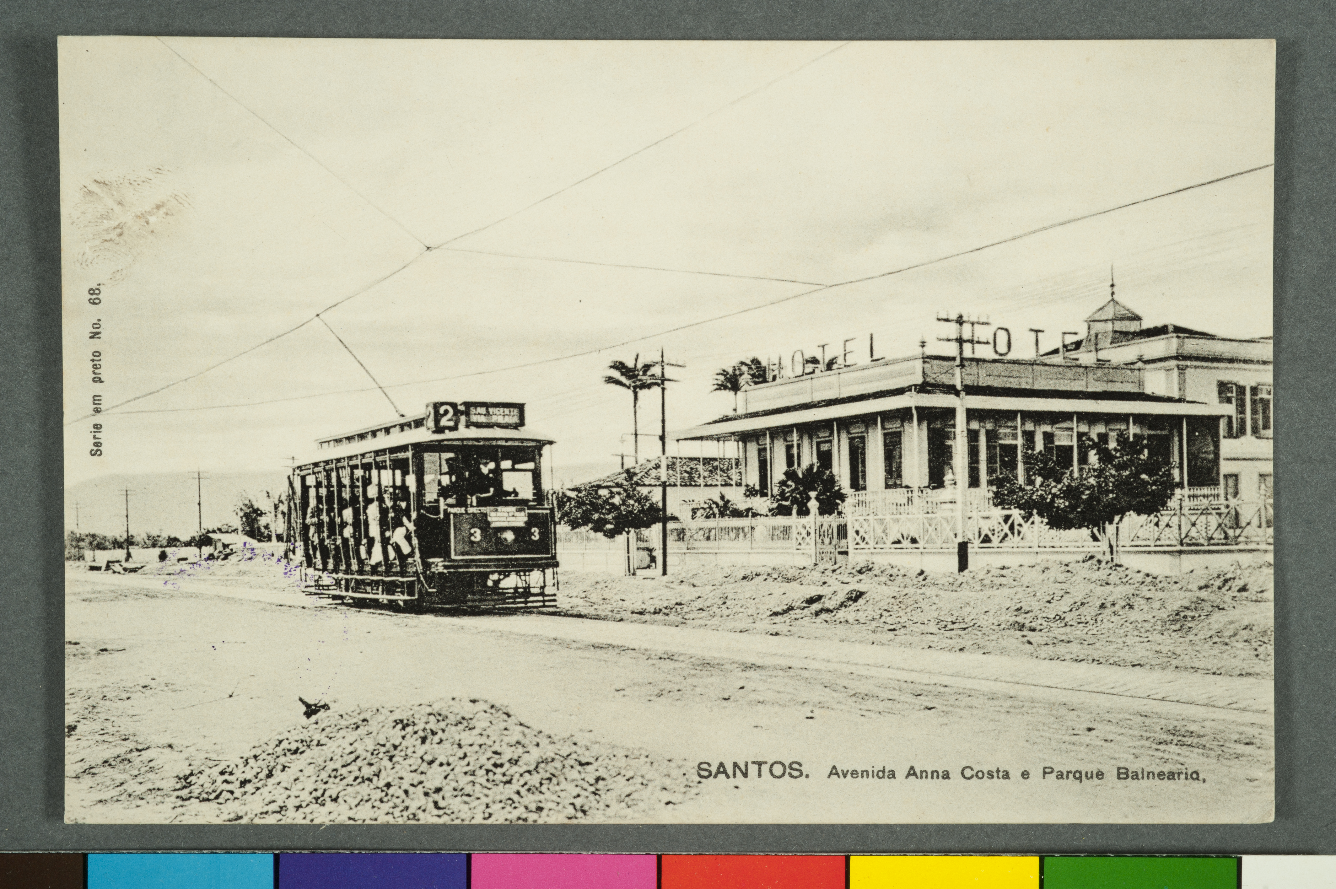 Cartão-postal histórico do início do século XX mostrando a Avenida Ana Costa e o antigo Parque Balneário, no bairro Gonzaga em Santos