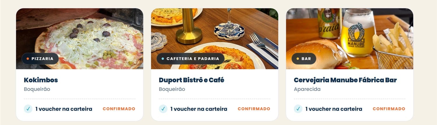 Cards de estabelecimentos confirmados no Passaporte Gastronômico de Santos: Kokimbos, Duport Bistrô e Café e Cervejaria Manube.
